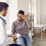 Unhealthy man suffer from headache consult with doctor